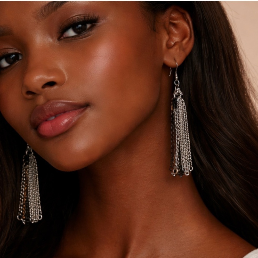 Silver & Gunmetal Chain Tassel Drop Earrings | Edgy Statement Fringe